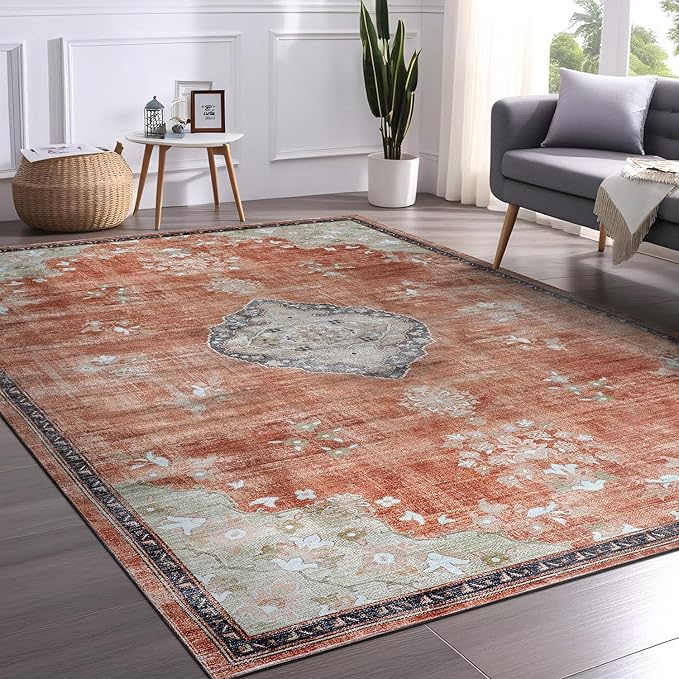 Beverly Rug Non Slip Rugs 5x7 Boho Medallion Floral Non Skid Rubber Backing Easy Silk Soft Area Rug for Living Room Easy to Clean Non Shedding Kitchen Bedroom Indoor Carpet (5 x 7 Orange - Cream)
