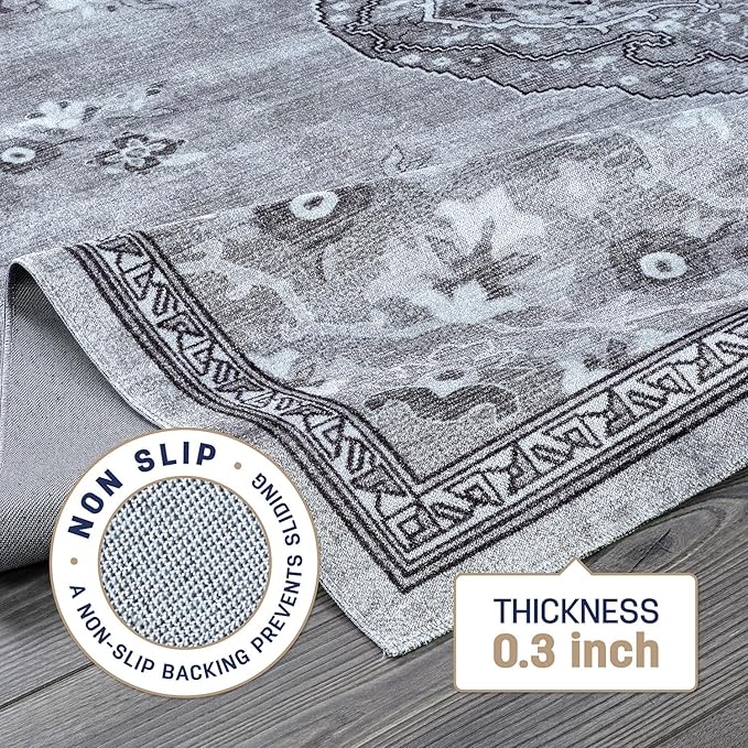 Beverly Rug Non Slip Rugs 6x9 Boho Medallion Floral Non Skid Rubber Backing Easy Silk Soft Area Rug for Living Room Easy to Clean Non Shedding Kitchen Bedroom Indoor Carpet (6 x 9 Gray - Dark Gray)