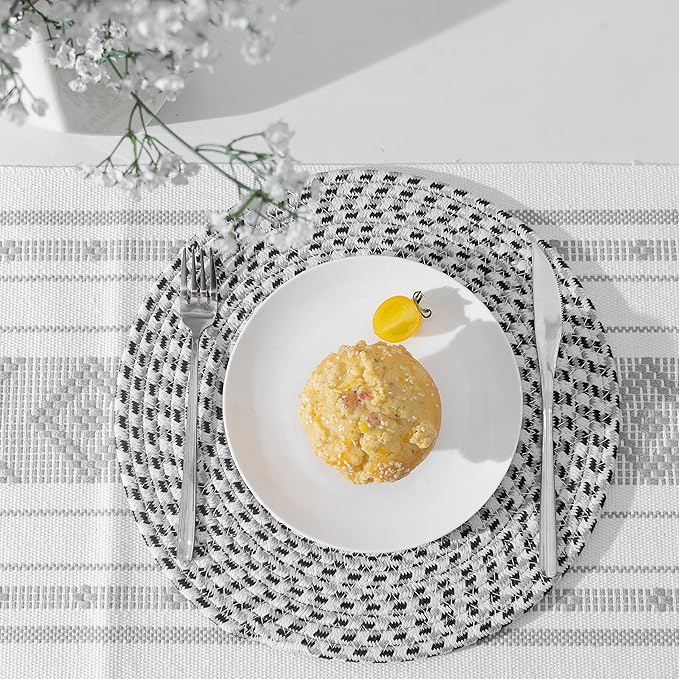 Art PineCone's Woven Cotton Rope Round Placemats Set of 4 with Holder Included, Non-Slip, and Heat Resistant Shabby Chic Placemats (Blended Charcoal, 13 inch)