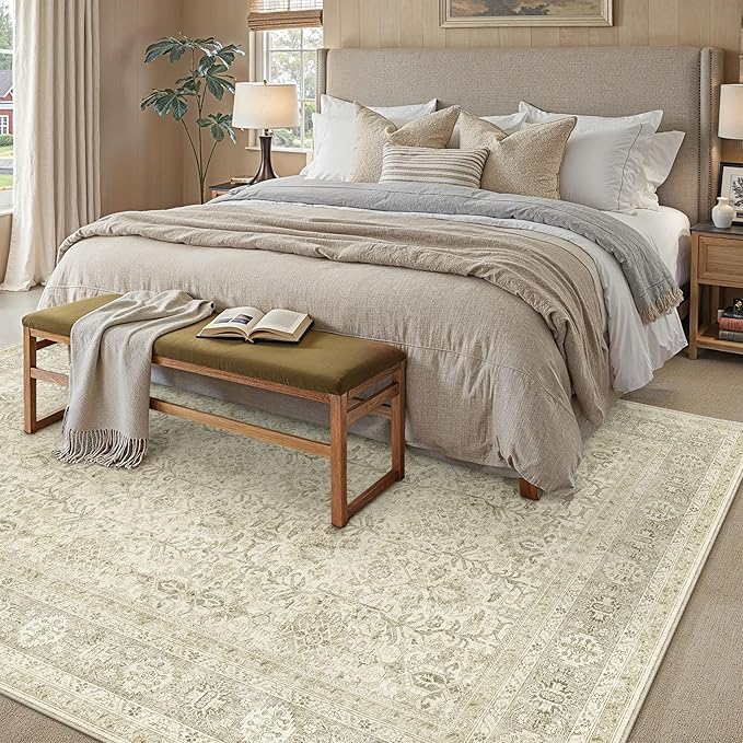 PureCozy Vintage Area Rug 5x7 Beige Washable Living Room Large Carpet Non Slip Bedroom Indoor Office Low Pile Traditional Distressed Retro Accent Rug for Dining Room Bathroom Kitchen