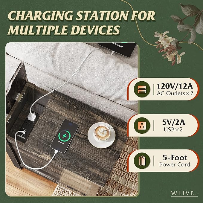 WLIVE End Table with Charging Station, Narrow Side Table for Living Room, Farmhouse Night Stand with Storage, Small Wooden Cabinet with USB Ports and Outlets for Living Room and Bedroom, Brown