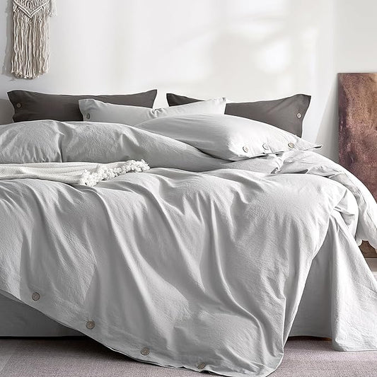 JELLYMONI 100% Washed Cotton Duvet Cover Twin – Soft, Breathable Linen-Look Bedding with Natural Wrinkle Texture, Button Closure, 2-Piece Set (Pale Grey, 68"x90")