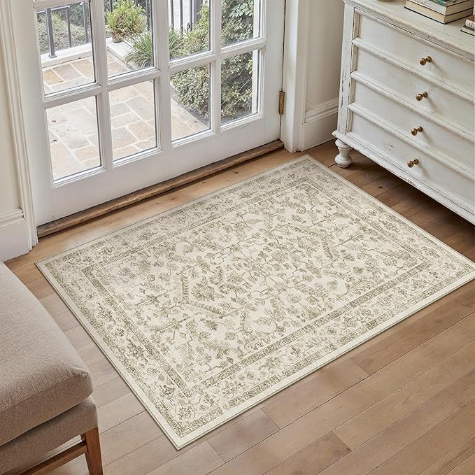 PureCozy Taupe 2x3 Entryway Rug Vintage Area Carpet Indoor Kitchen Washable Door Mat Entrance Small Low Pile Traditional Distressed Retro Accent Throw Rug Non Slip Office Bathroom