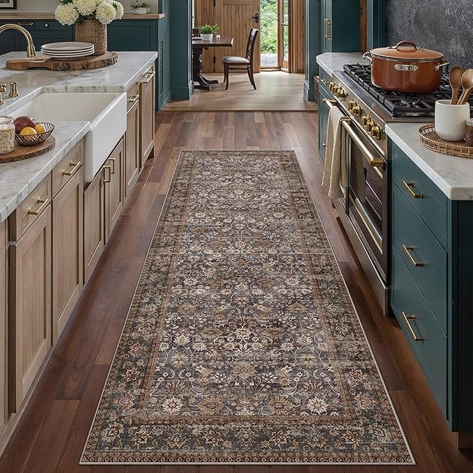 HUGEAR 2x6 Runner Rug Machine Washable Tradition Brown Hallway Area Rugs Indoor Accent Rugs Floral Low Pile Carpet Distressed Throw Rug Bedroom Living Room Office Dining Kitchen Laundry Non Slip