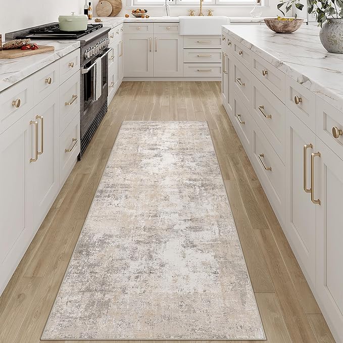 WondRg 2x6 Washable Runner Rug Beige Grey Abstract Hallway Kitchen Throw Rug Neutral Modern Non Slip Soft Low Pile Carpet for Bathroom Laundry Bedroom Living Room
