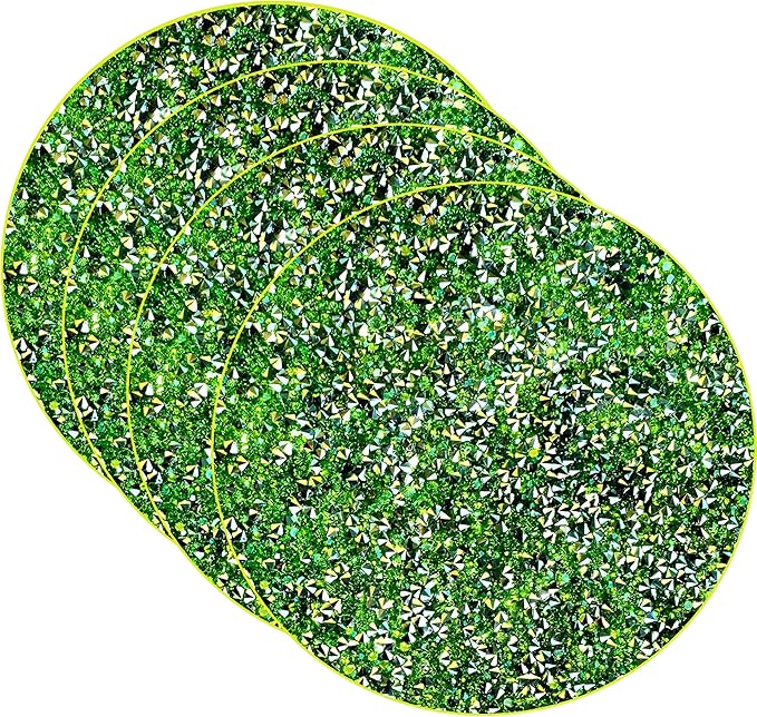 Round Placemats Set of 4 in Green Heat Resistant Circle Bling Washable Table Mats for Dinner, Kitchen, Wedding, Decorative