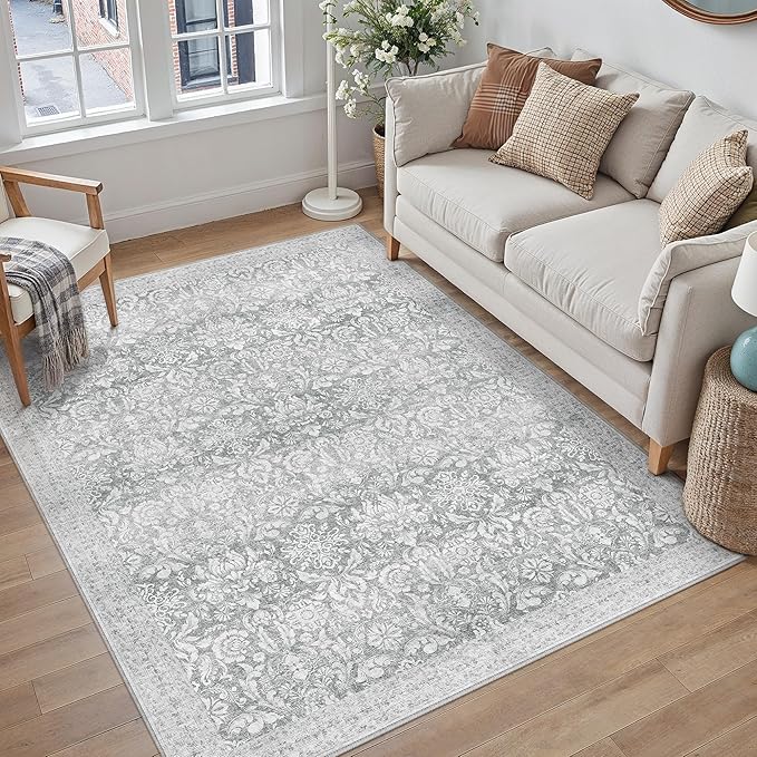 PureCozy Gray 5x7 Area Rug Washable Vintage Living Room Non Slip Carpet Low Plie Soft Indoor Bedroom Retro Grey Accent Throw Large Rug for Office Kitchen Dining Room
