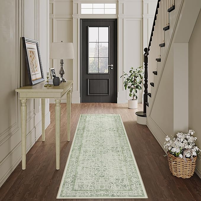 PureCozy Runner Rug 2x5 Sage Green Hallway Washable Vintage Distressed Kitchen Carpet Non Slip Neutral Low Pile Retro Floral Farmhouse Long Throw Rug Entryway Bathroom Office Laundry Dining Room