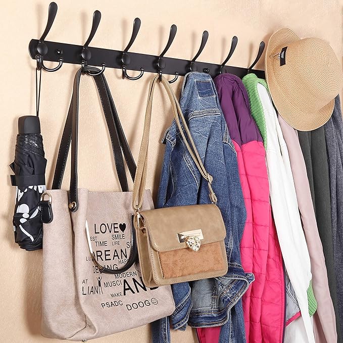 WEBI Coat Rack Wall Mount Long, 8 Tri Hooks for Hanging, 30 Inch Hook Rail, Hanger for Clothes, Jackets, Hats, Black, 2 Packs