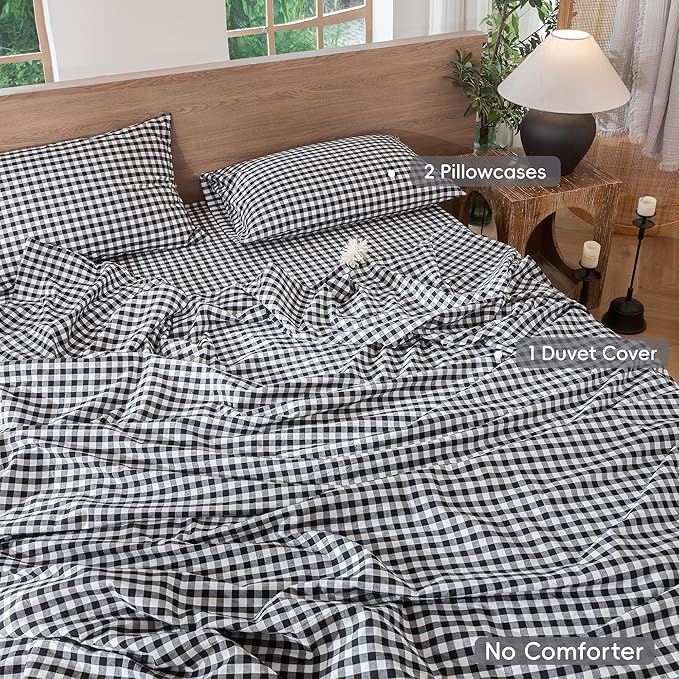 MooMee Gingham Duvet Cover Set 100% Washed Cotton Linen Like Textured Breathable Durable Soft Comfy Modern Checkered Design (Black White Gingham, Queen 90"x90")