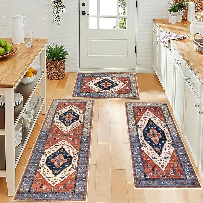 Pauwer Kitchen Rugs Sets of 3 Non Slip Washable Kitchen Mats for Floor Farmhouse Kitchen Floor Mat Runner Rug Boho Kitchen Sink Rug Carpet for Kitchen Hallway Laundry Room, Rust