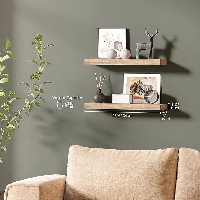 Ballucci Floating Shelves for Wall, 24" Wood Wall Shelf Set of 2, with Invisible Brackets for Bathroom, Living Room, Bedroom, Kitchen, Nursery, 8" Deep, Oak Finish