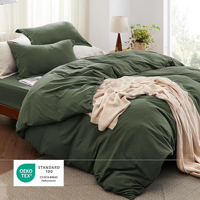Bedsure California King Size Duvet Cover with Fitted Sheet - 4 Pieces Prewashed Cotton-Like Extra Soft Bedding Set, Includes 1 Duvet Cover 104x98 Inches, 2 Pillow Shams, 1 Fitted Sheet, Olive Green