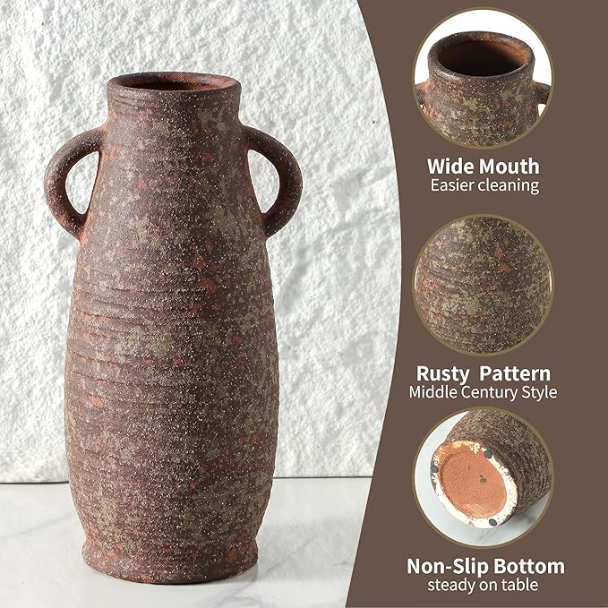 Ceramic Rustic Vase, Farmhouse Decorative Flower Vase for Home Decor, Rusty Vase for Living Room Bedroom Kitchen Office Decor Centerpiece Table Decorations