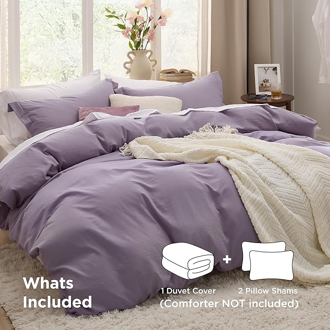 Bedsure Grayish Purple Duvet Cover King Size - 3 Pieces Prewashed Cotton-Like Extra Soft Bedding Set, Includes 1 Duvet Cover 104x90 Inches with Zipper Closure & 2 Pillow Shams, Comforter Not Included