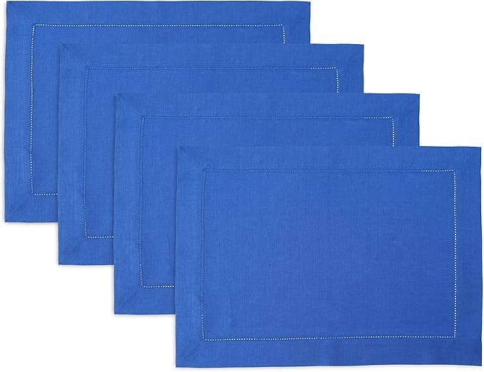 Solino Home Linen Placemats Set of 4 - Classic Hemstitch Royal Blue Placemats 14 x 19 Inch - 100% Pure Linen Table Mats for Winter, Spring