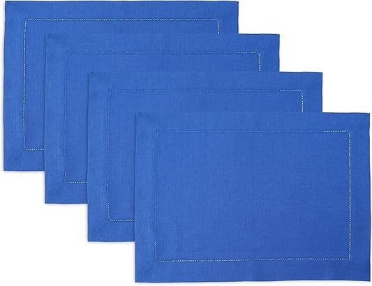 Solino Home Linen Placemats Set of 4 - Classic Hemstitch Royal Blue Placemats 14 x 19 Inch - 100% Pure Linen Table Mats for Winter, Spring