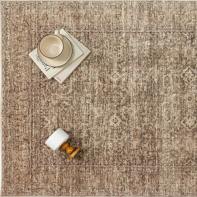 PureCozy 3x5 Area Rug Brown Machine Washable Entryway Office Vintage Distressed Non Slip Carpet Indoor Small Low Plie Thin Bedroom Kitchen Retro Accent Throw Rug Door Mat Entrance Bathroom Living Room