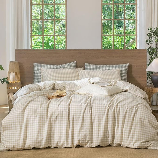 MooMee Gingham Duvet Cover Set 100% Washed Cotton Linen Like Textured Breathable Durable Soft Comfy Modern Checkered Design (Almond Milk Grey Gingham, Full 80"x90")