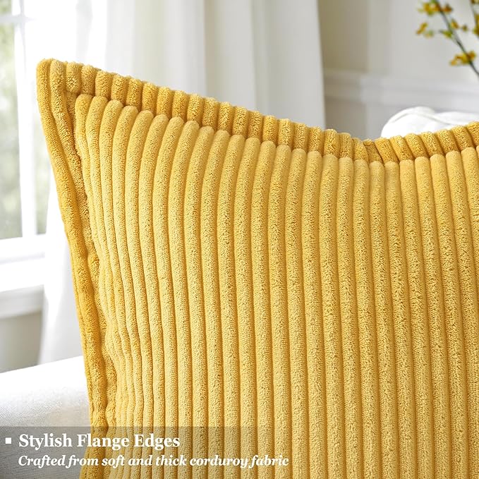 decorUhome Spring Corduroy Mustard Yellow Euro Sham Throw Pillow Covers 24x24 Set of 2 Decorative Soft Boho Farmhouse Couch Pillow Covers for Living Room Bed Sofa Broadside Striped Pillow Cases