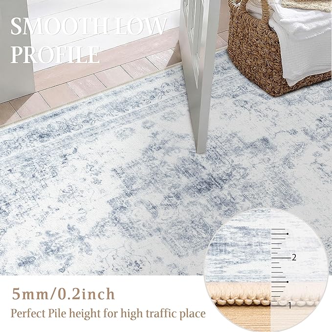 PureCozy Washable Rug 6x9 Area Rug for Living Room Blue Vintage Boho Medallion Large Distressed Retro Carpet Non Slip Indoor Low Pile Small Soft Bedroom Dining Room Home Office
