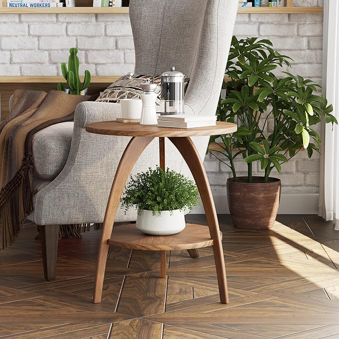 COZAYH Wood Round End Table with Storage Shelf, Walnut Finish Mid-Century Modern Accent Side Table with Curved Legs for Living Room, Easy Assembly, Stylish, Natural, Brown