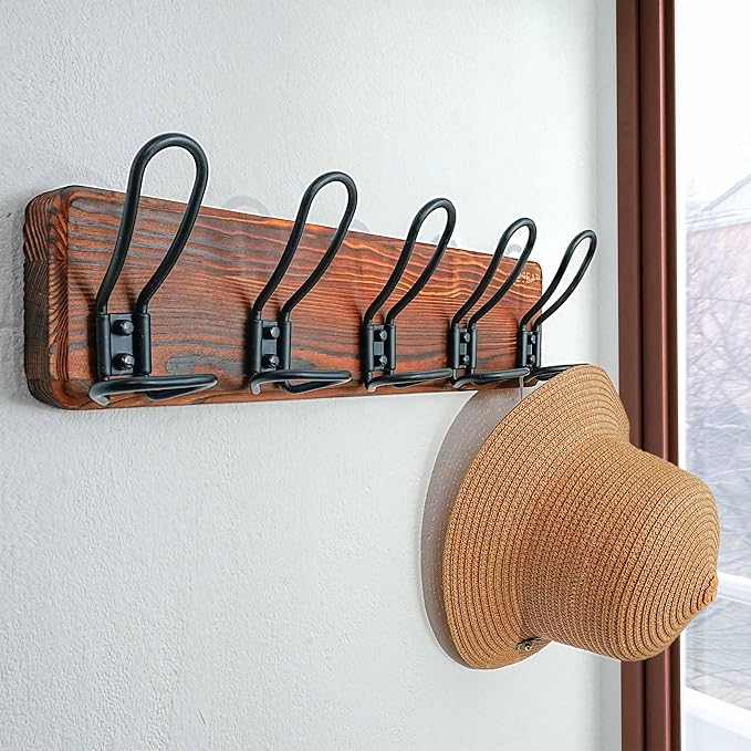 Dseap Coat Rack Wall Mounted - Heavy Duty Farmhouse Rustic Wall Coat Hanger With 5 Wire Hooks for Clothes Hat Jacket Towel, RusticWire, G25A, Rustic Brown & Black