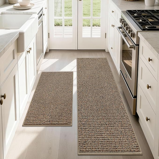 JSEI Kitchen Rugs and Mats, 2PCS Non-Slip Kitchen Mats for Floor, Machine Washable Absorbent and Stain Resistant Kitchen Runner, Carpet Mats with TPR Backing for, 17''x30''+17''x48'', Taupe