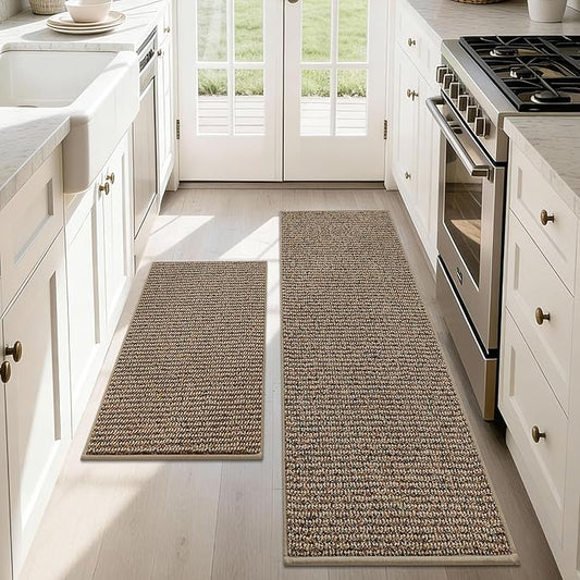 JSEI Kitchen Rugs and Mats, 2PCS Non-Slip Kitchen Mats for Floor, Machine Washable Absorbent and Stain Resistant Kitchen Runner, Carpet Mats with TPR Backing for, 17''x30''+17''x48'', Taupe
