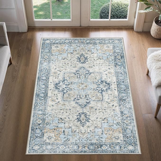 BESBLEE 3x5 Area Rugs for Living Room, Machine Washable Rug, Non Slip Vintage Rugs, Low Pile Lightweight Print Rug for Bedroom, Dining Room, Home Office, Blue