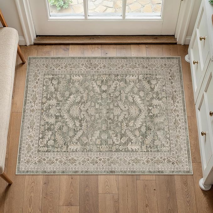 PureCozy Brown 2x3 Entryway Rug Vintage Area Carpet Indoor Kitchen Washable Door Mat Entrance Small Low Pile Traditional Distressed Retro Accent Throw Rug Non Slip Office Bathroom