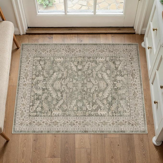 PureCozy Brown 2x3 Entryway Rug Vintage Area Carpet Indoor Kitchen Washable Door Mat Entrance Small Low Pile Traditional Distressed Retro Accent Throw Rug Non Slip Office Bathroom