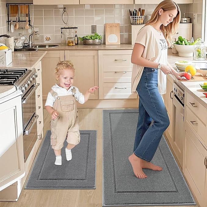 JSEI Non-Slip Kitchen Mats, Self Adhesive No Sliding Kitchen Rugs Set of 2, Washable Absorbent Floor Mat for Kitchen, Bathroom, Laundry Room, Bedroom, 24”x36”+24”x60”, Light Grey, Rectangular Pattern