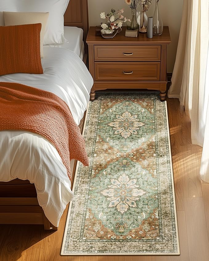 RELEANY Area Rugs 2'x6' Washable Non-Slip, Floral Vintage Distress Print Pattern Medallion Carpet for Living Room Bedroom Dining Room, Brick Red Rust Neutral Brown Burnt Orange Green