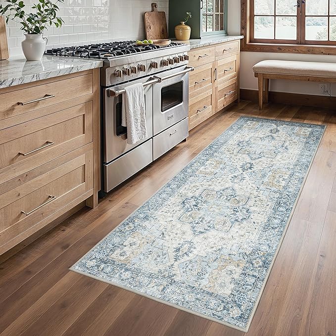BESBLEE Runner Rug 2'6''x6, Non Slip Vintage Hallway Runner Rugs, Machine Washable Runners, Low Pile Lightweight Mat for Entryway, Hallway, Kitchen and Corridor, Blue