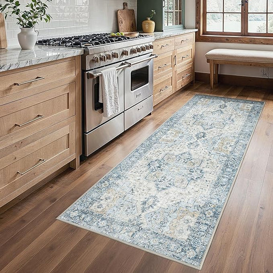 BESBLEE Runner Rug 2'6''x6, Non Slip Vintage Hallway Runner Rugs, Machine Washable Runners, Low Pile Lightweight Mat for Entryway, Hallway, Kitchen and Corridor, Blue