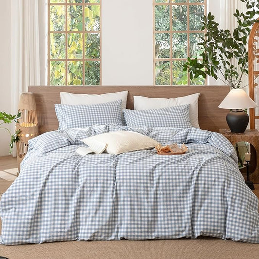 MooMee Gingham Duvet Cover Set 100% Washed Cotton Linen Like Textured Breathable Durable Soft Comfy Modern Checkered Design (Classic Gingham Cornflower Blue, Oversized Full 82"x86")