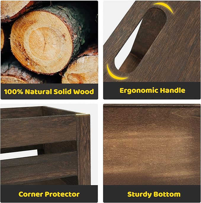 Wooden Crates 3 Pack, Nesting Handmade Wood Crates for Storage, No Installation Wooden Storage Box with Cutout Handle for Display & Decor, Brown