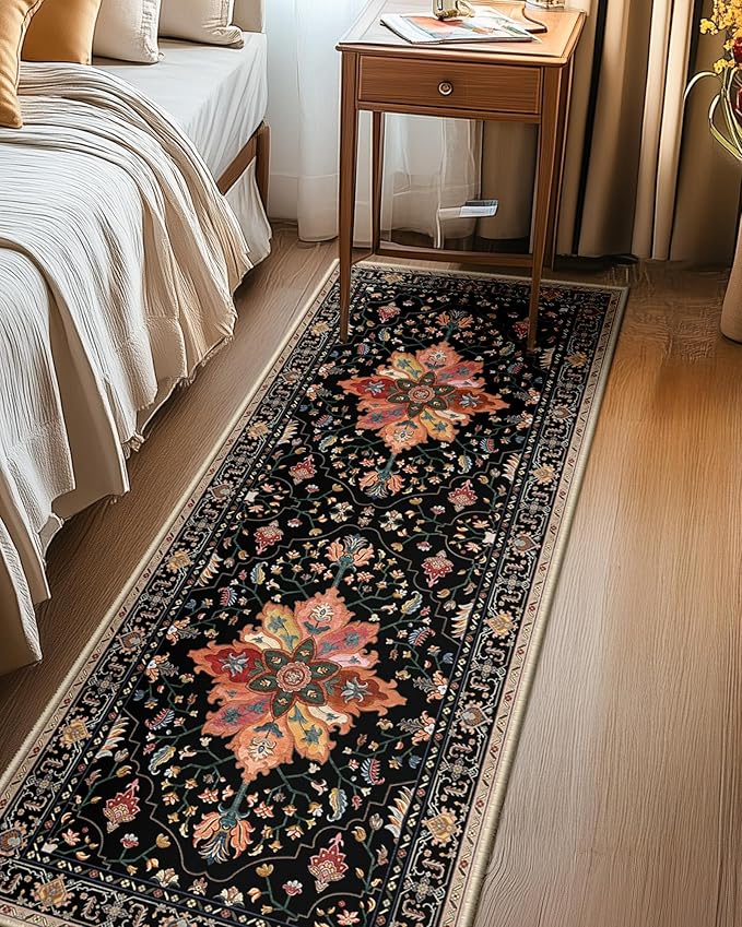 RELEANY Area Rugs 2'x6' Washable Non-Slip, Floral Vintage Distress Print Pattern Medallion Carpet for Living Room Bedroom Dining Room, Black Colorful Floral Dark Tan