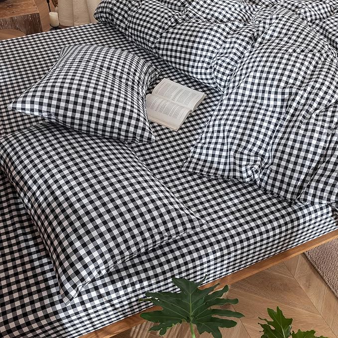 MooMee Gingham Duvet Cover Set 100% Washed Cotton Linen Like Textured Breathable Durable Soft Comfy Modern Checkered Design (Black White Gingham, Queen 90"x90")