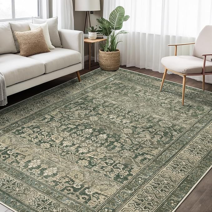 Dotiiorug Vintage Washable Area Rug for Living Room,Low Pile 8x10 Non Slip Carpet Non-Shedding Area Rug Soft Indoor Stain Resistant Rug Floral Print Mat for Bedroom Dining Room Green