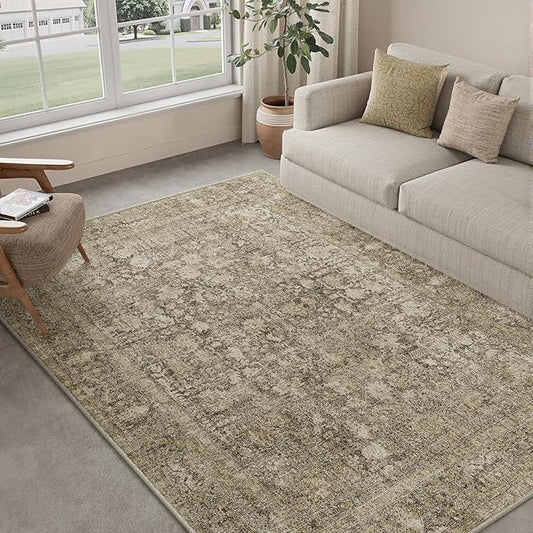 PureCozy Brown Area Rug 5x7 Machine Washable Vintage Living Room Distressed Non Slip Carpet Traditional Indoor Bedroom Retro Floral Accent Throw Large Rug Office Kitchen Bathroom Dining Room