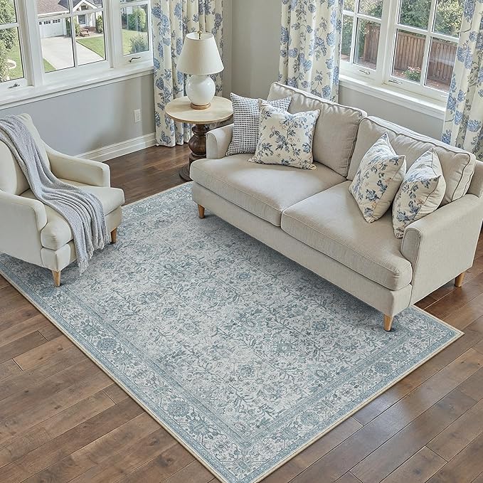 PureCozy Blue Area Rug 4x6 Washable Office Entryway Carpet Soft Vintage Indoor Kitchen Living Room Door Mat Traditional Retro Distressed Thicker Throw Small Rug Bedroom Dining Room Bathroom