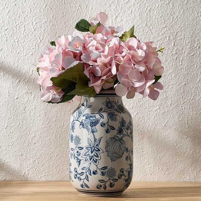 SIDUCAL Blue and White Vintage Vase, 9.4 Inch Ceramic Chinoiserie Floral Vase, Retro Ice Cracked Blue and White Porcelain for Home Decor Centerpieces, Living Room, Bookshelf, Office