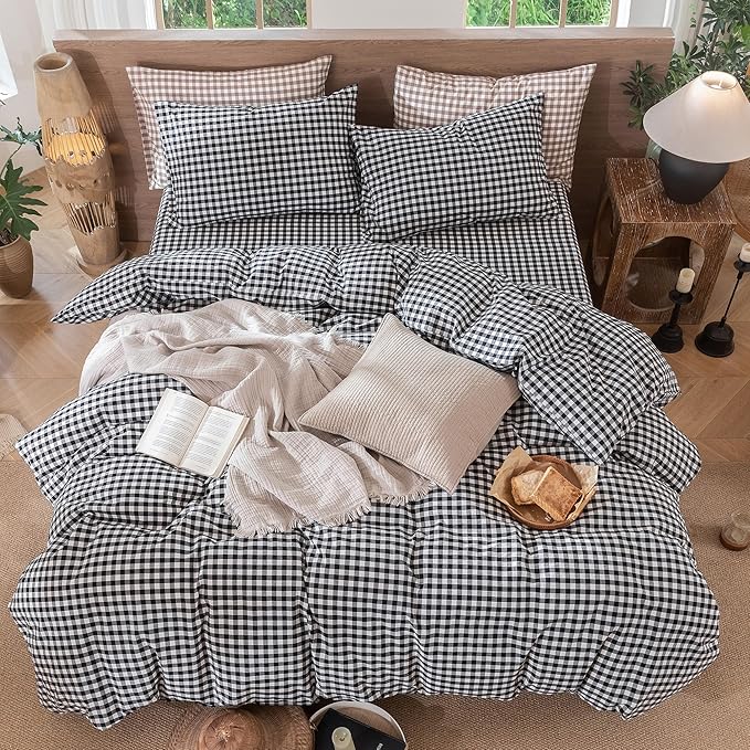 MooMee Gingham Duvet Cover Set 100% Washed Cotton Linen Like Textured Breathable Durable Soft Comfy Modern Checkered Design (Black White Gingham, Queen 90"x90")
