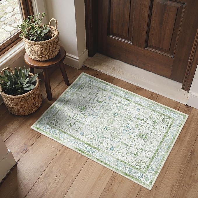 BESBLEE Area Rug 2x3 Doormat, Machine Washable Low Pile Vintage Rugs, Small Lightweight Rug Entryway Indoor Mat for Entrance, Hallway, Kitchen and Corridor, Cream Green