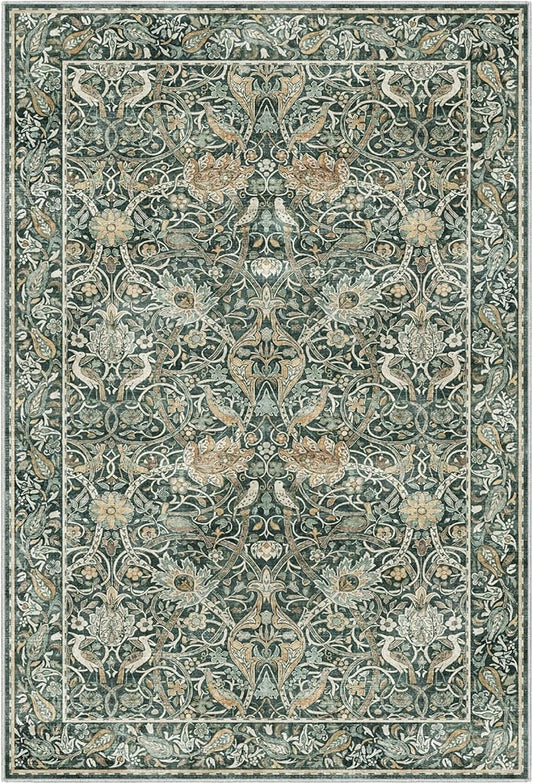 Fortsea 6x9 Drak Green Area Rug for Living Room, Soft Low-Pile Machine Washable Carpet, Retro Pattern Non-Slip Dining Room Rug（6x9 Dark Green）