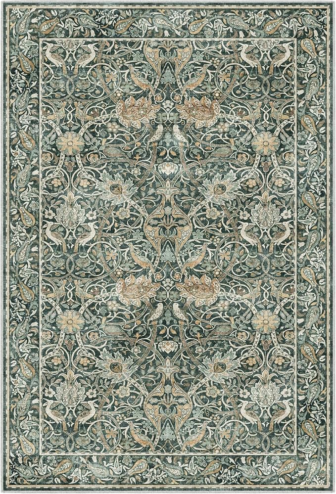 Fortsea Compact 4x6 Washable Area Rug Dark Green Non-Slip Low Pile Rug for Entryway Kitchen Bathroom Easy Clean Modern Print Floor Mat（4x6 Dark Green）