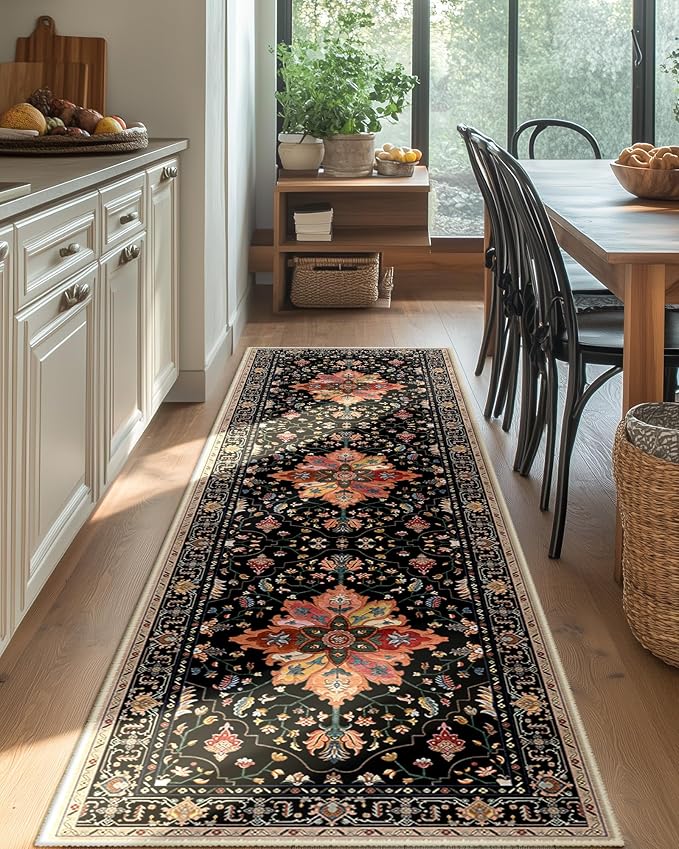 RELEANY Area Rugs 2'x8' Washable Non-Slip, Floral Vintage Distress Print Pattern Medallion Carpet for Living Room Bedroom Dining Room, Black Colorful Floral Dark Tan