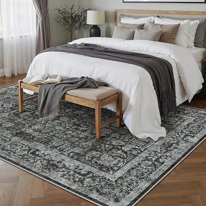 PureCozy Dark Black Area Rug 6x9 Machine Washable Vintage Living Room Distressed Non Slip Carpet Traditional Indoor Bedroom Retro Floral Accent Throw Large Rug for Office Kitchen Dining Room